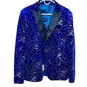 Wessi Blue Silver Floral Men’s Blazer Size 48 Black Lapel BNWT Formal Attire